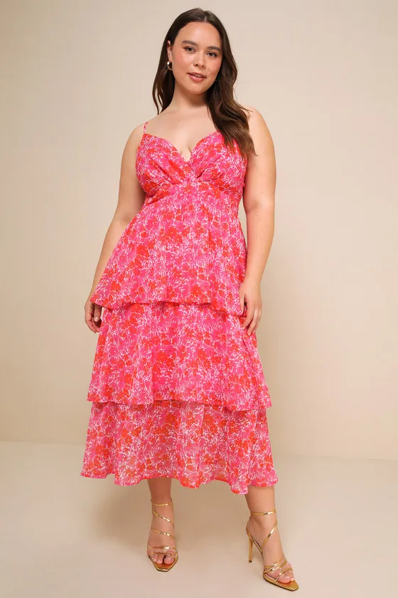 Adorable Obsession Pink Floral Print Lurex Tiered Midi Dress sold by Lulus product image thumbnail 2