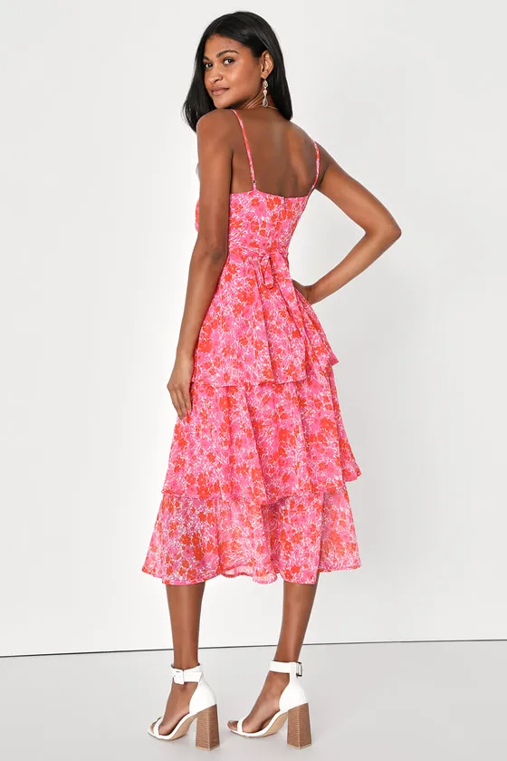 Adorable Obsession Pink Floral Print Lurex Tiered Midi Dress sold by Lulus product image thumbnail 3