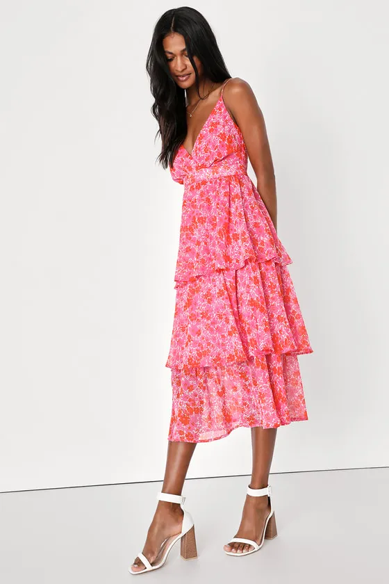 Adorable Obsession Pink Floral Print Lurex Tiered Midi Dress sold by Lulus product image thumbnail 4