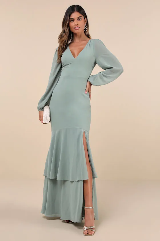 Tier Elegance Sage Brush Long Sleeve Tiered Maxi Dress sold by Lulus
