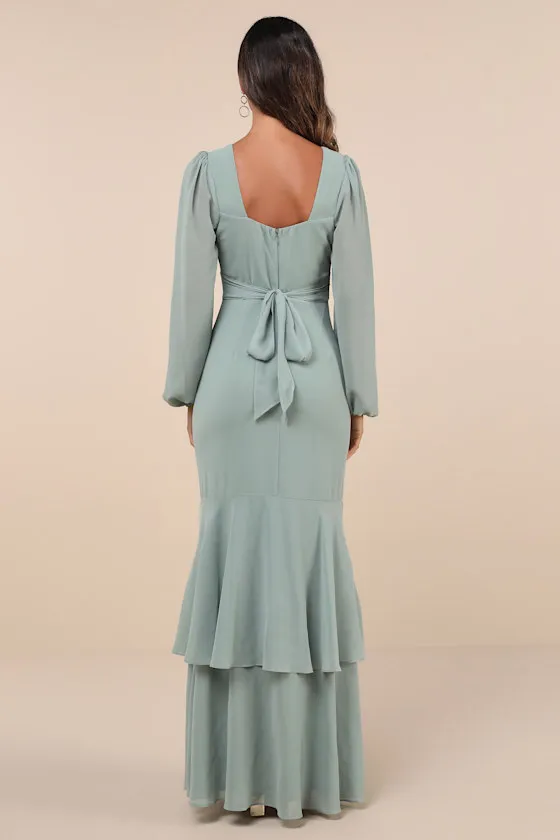 Tier Elegance Sage Brush Long Sleeve Tiered Maxi Dress sold by Lulus product image thumbnail 2