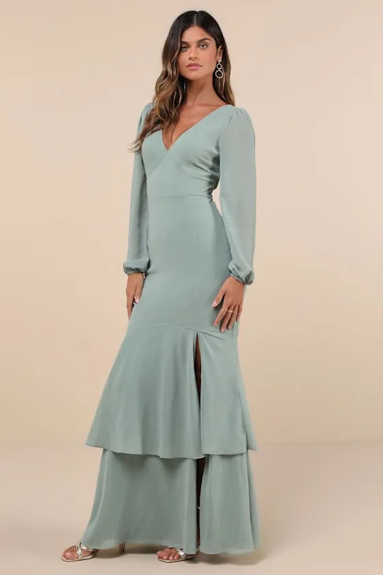 Tier Elegance Sage Brush Long Sleeve Tiered Maxi Dress sold by Lulus product image thumbnail 3