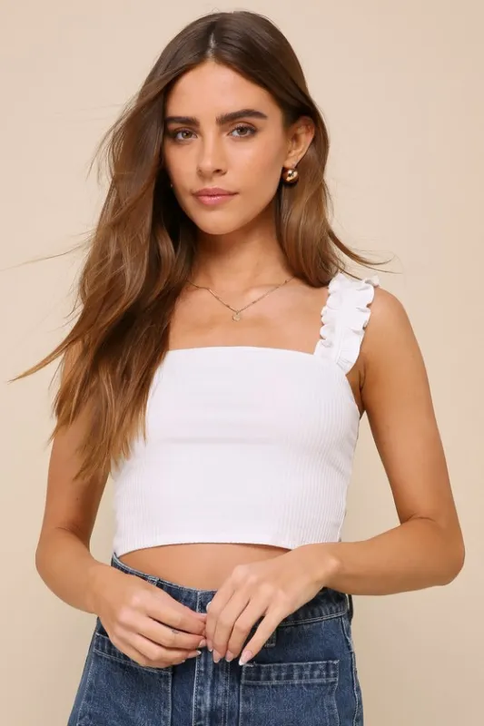 Musing About You Ivory Ribbed Ruffle Strap Cropped Tank Top sold by Lulus