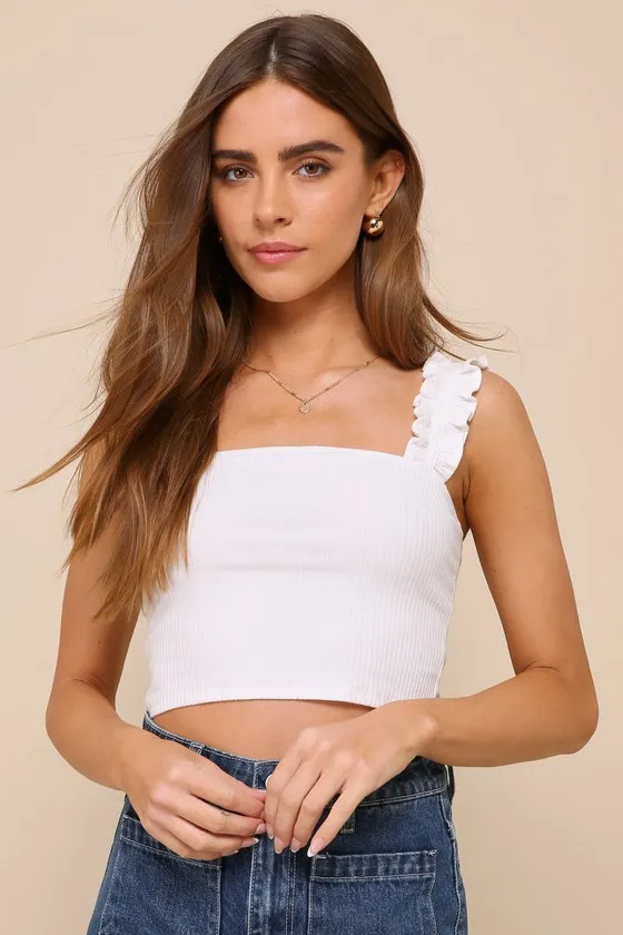 Musing About You Ivory Ribbed Ruffle Strap Cropped Tank Top sold by Lulus