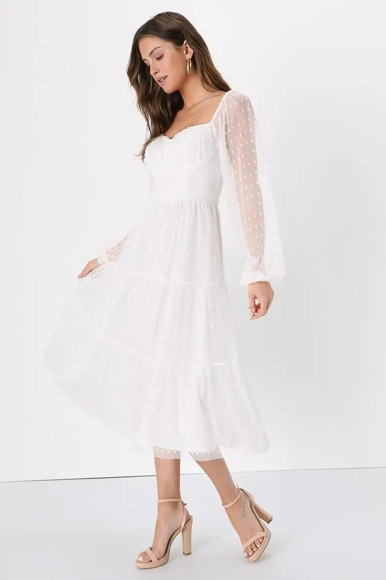 Affectionate Aura White Swiss Dot Tiered Bustier Midi Dress sold by Lulus product image thumbnail 4