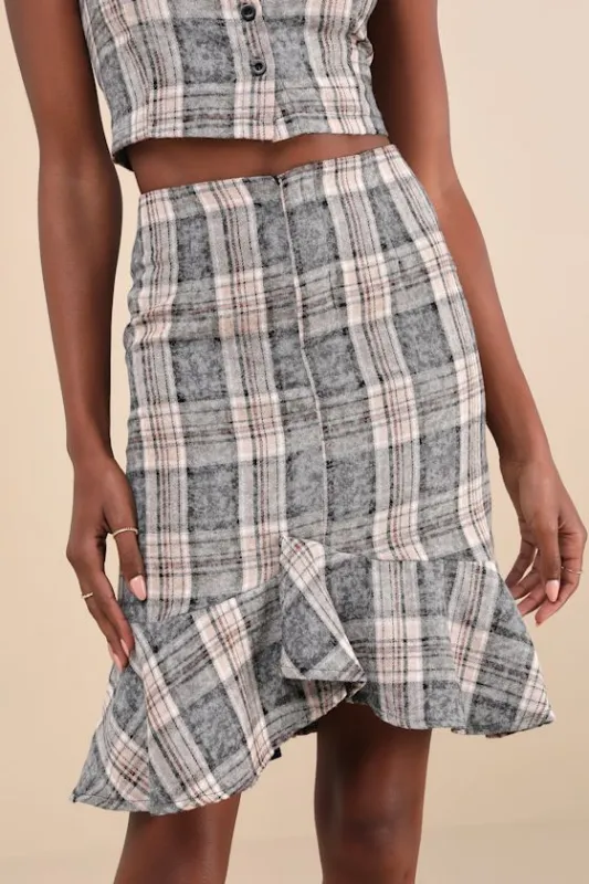 Convincingly Posh Grey Faded Plaid Ruffle Hem Midi Skirt sold by Lulus