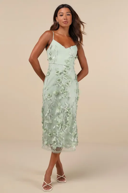 Limitless Adoration Sage Green 3D Floral Embroidered Midi Dress sold by Lulus