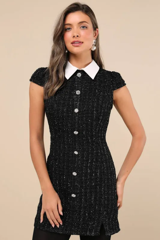 Instinctive Poise Black Lurex Tweed Collared Button Mini Dress sold by Lulus