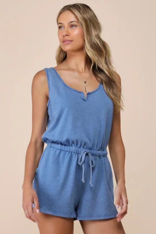 Perfect Lazy Day Blue Sleeveless Drawstring Lounge Romper sold by Lulus