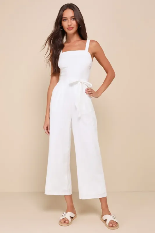 Lucky For Me Ivory Cotton Sleeveless Cropped Jumpsuit sold by Lulus