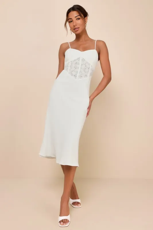 Muse Behavior White Lace Bustier Sleeveless Midi Dress sold by Lulus