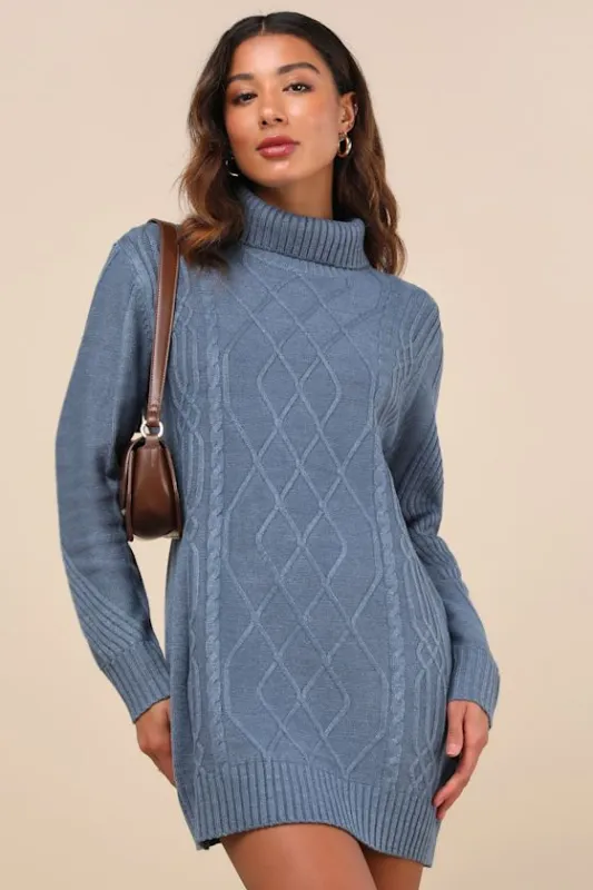 Cuddle Up Close Blue Cable Knit Turtleneck Sweater Dress sold by Lulus