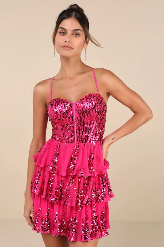 Spectacular Party Magenta Sequin Tiered Lace-Up Mini Dress sold by Lulus