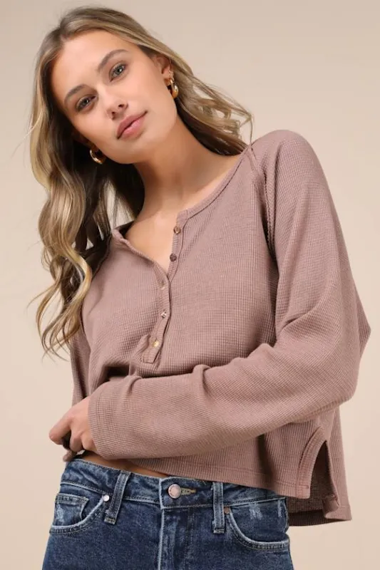 Everyday Comfy Light Brown Cropped Henley Top sold by Lulus