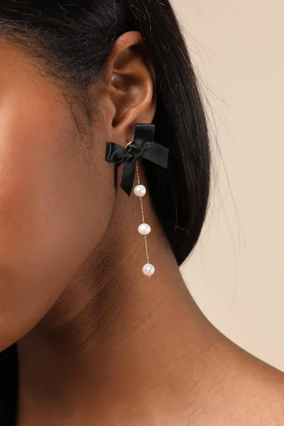 Sherri Black Bow Pearl Drop Earrings sold by Lulus