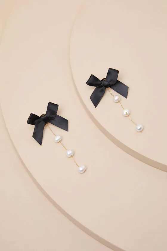 Sherri Black Bow Pearl Drop Earrings sold by Lulus product image thumbnail 3