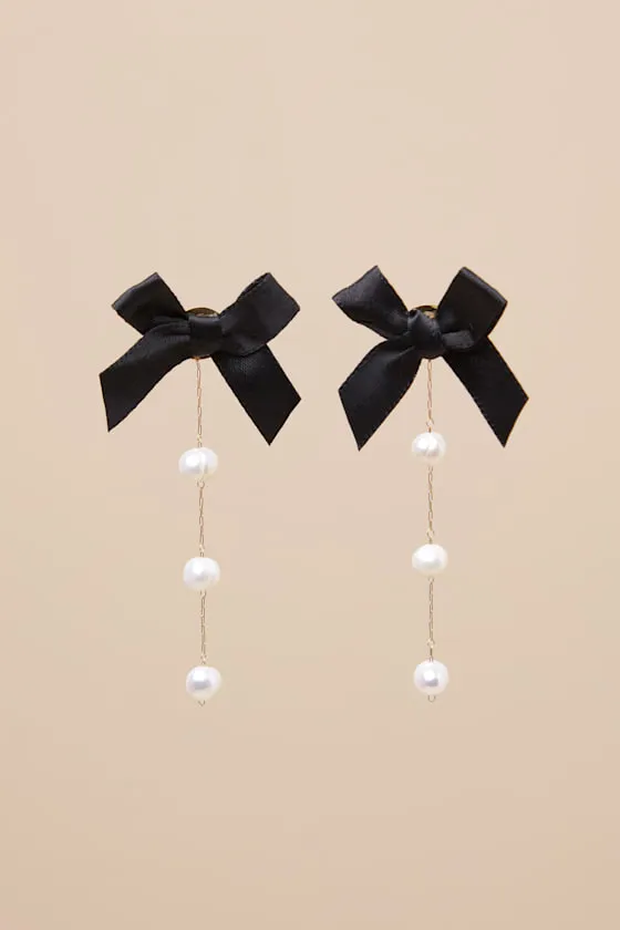 Sherri Black Bow Pearl Drop Earrings sold by Lulus product image thumbnail 4