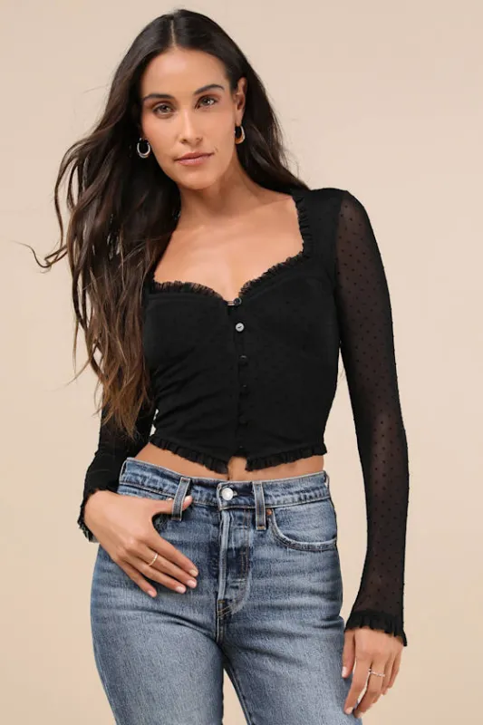 Sultry Approach Black Mesh Swiss Dot Bustier Long Sleeve Top sold by Lulus