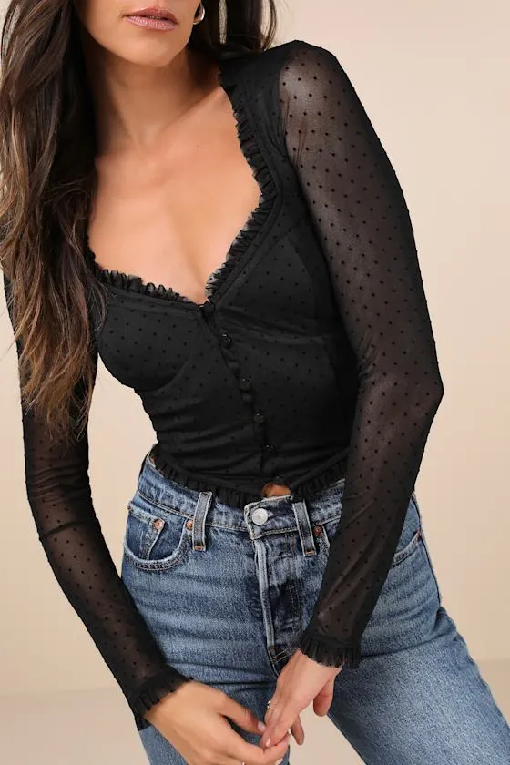 Sultry Approach Black Mesh Swiss Dot Bustier Long Sleeve Top sold by Lulus product image thumbnail 4