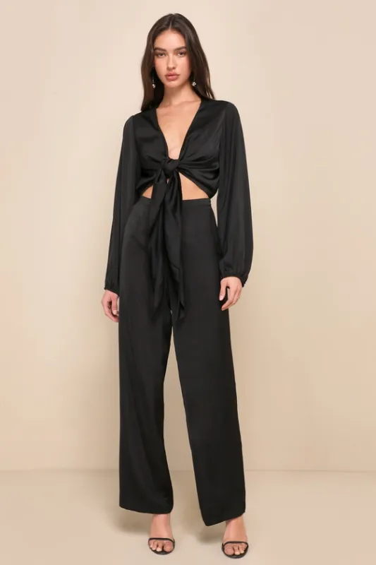 Trendsetting Direction Black Satin Tie-Front Wide-Leg Jumpsuit sold by Lulus