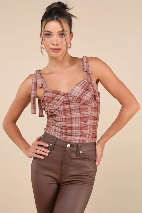 Noteworthy Aesthetic Brown Plaid Ruched Tie-Strap Bodysuit sold by Lulus