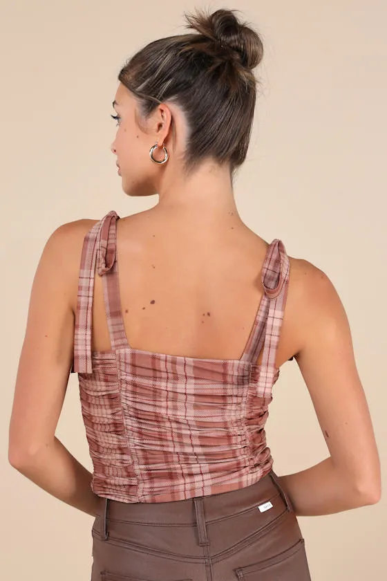 Noteworthy Aesthetic Brown Plaid Ruched Tie-Strap Bodysuit sold by Lulus product image thumbnail 2