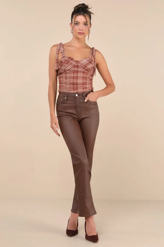 Noteworthy Aesthetic Brown Plaid Ruched Tie-Strap Bodysuit sold by Lulus product image thumbnail 3