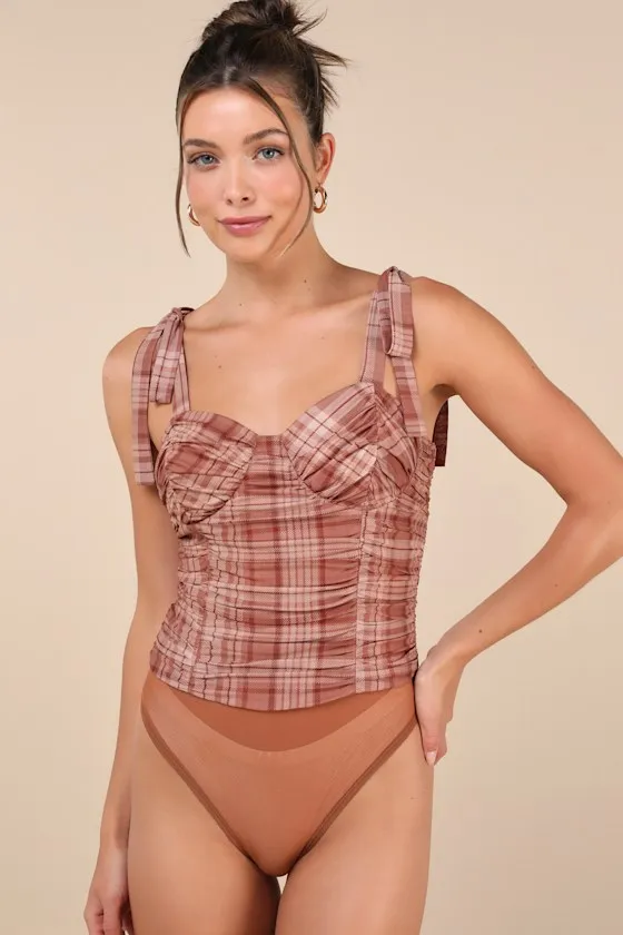 Noteworthy Aesthetic Brown Plaid Ruched Tie-Strap Bodysuit sold by Lulus product image thumbnail 4