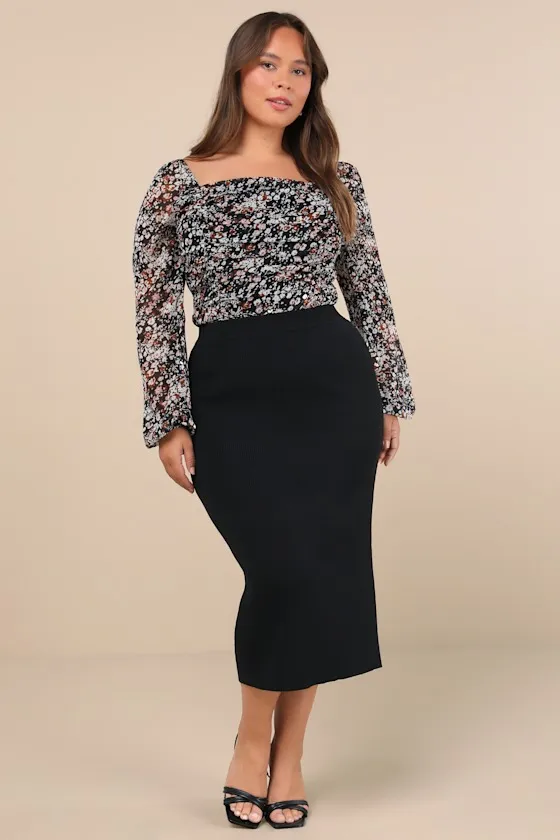 Seasonal Fave Black Ribbed Knit Midi Sweater Skirt sold by Lulus product image thumbnail 3