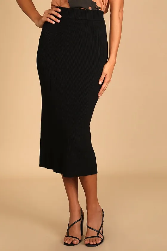 Seasonal Fave Black Ribbed Knit Midi Sweater Skirt sold by Lulus product image thumbnail 4
