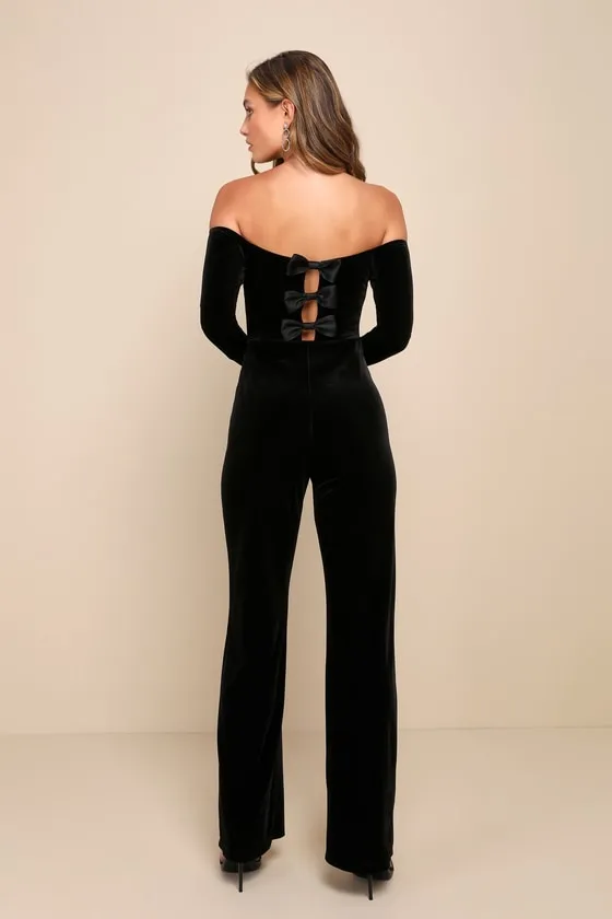 Luxurious Dream Black Velvet Off-the-Shoulder Bow Jumpsuit sold by Lulus product image thumbnail 2