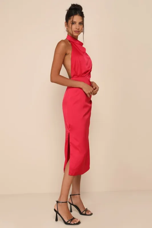 Gorgeous Season Bright Red Satin Backless Midi Dress sold by Lulus