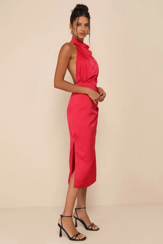 Gorgeous Season Bright Red Satin Backless Midi Dress sold by Lulus