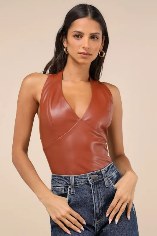 Sleek Outing Light Brown Vegan Leather Seamed Halter Top sold by Lulus