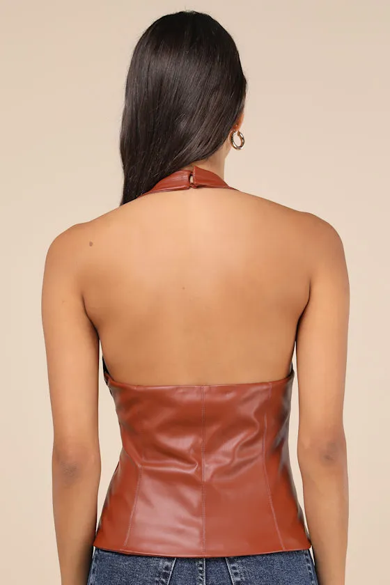 Sleek Outing Light Brown Vegan Leather Seamed Halter Top sold by Lulus product image thumbnail 3