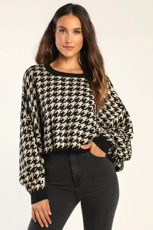 Autumn Arrival Black and Beige Houndstooth Dolman Sleeve Sweater sold by Lulus