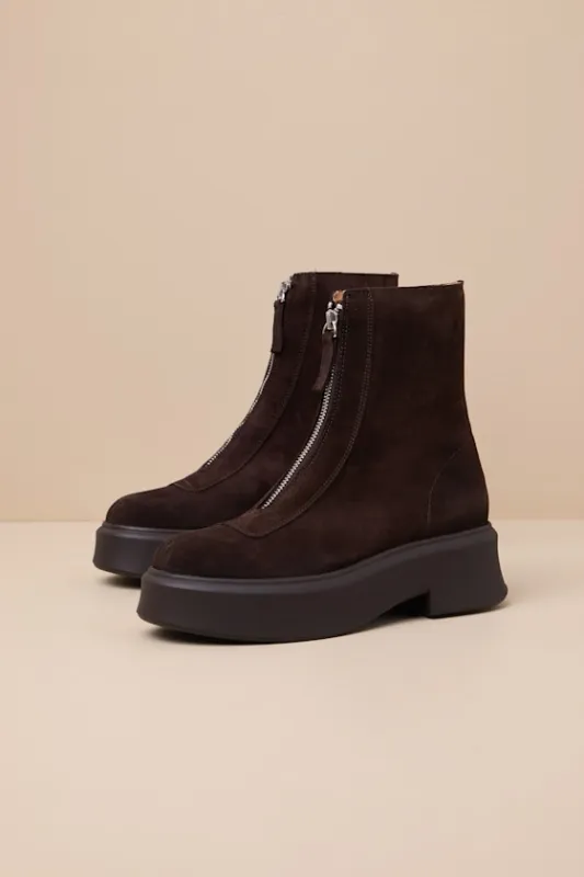 Jones Brown Suede Leather Zip-Front Platform Ankle Boots sold by Lulus