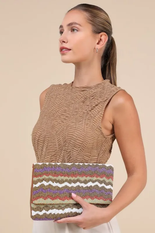 Excellent Vibes Brown Multi Wavy Striped Beaded Cutch sold by Lulus