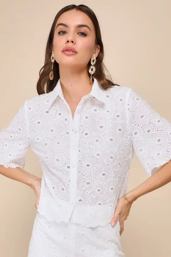 Sunny Angel White Embroidered Button-Front Short Sleeve Top sold by Lulus