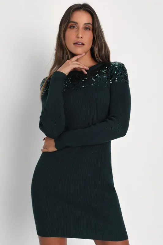 Snow Stopper Emerald Green Ribbed Sequin Mini Sweater Dress sold by Lulus