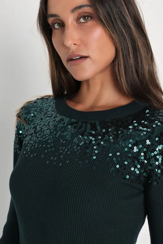 Snow Stopper Emerald Green Ribbed Sequin Mini Sweater Dress sold by Lulus product image thumbnail 4