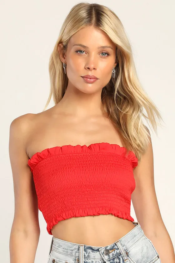 Extra Love Red Satin Smocked Tube Top sold by Lulus