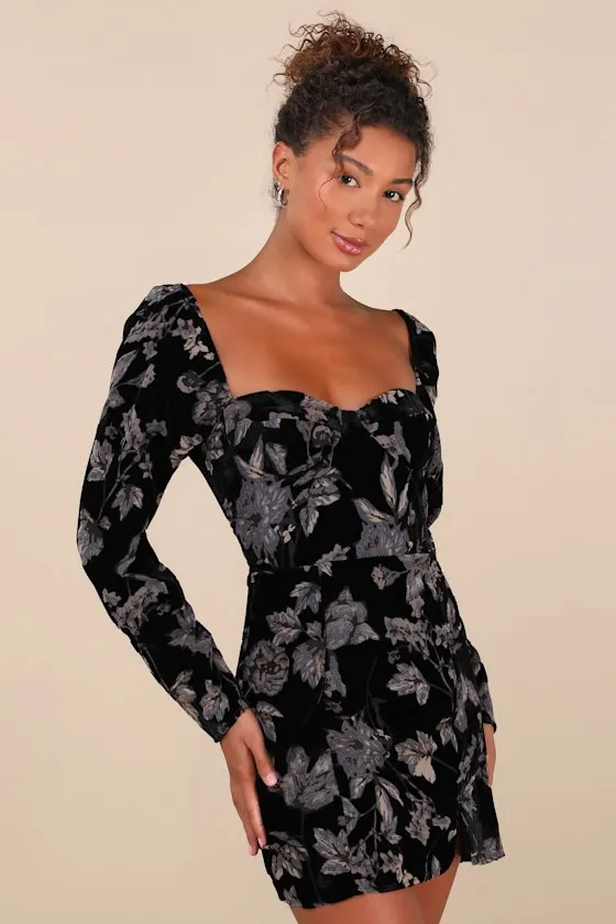 Simply Decadent Black Floral Velvet Burnout Bustier Mini Dress sold by Lulus