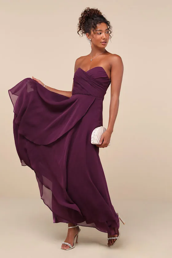 Revered Elegance Purple Pleated Strapless Maxi Dress sold by Lulus