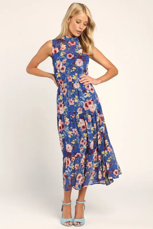 In My Dreams Blue Floral Print Midi Dress sold by Lulus