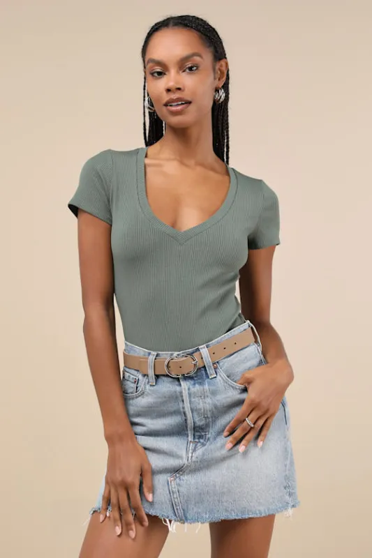 Versatile Pick Olive Green Ribbed Knit Short Sleeve Bodysuit sold by Lulus