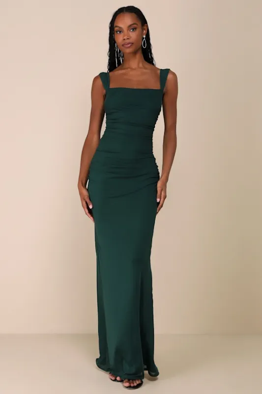 Amazing Presence Dark Green Mesh Ruched Column Maxi Dress sold by Lulus