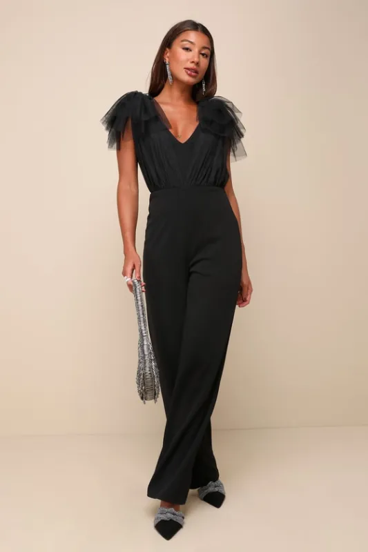 Fabulous Fun Black Tulle Flutter Sleeve Straight Leg Jumpsuit sold by Lulus