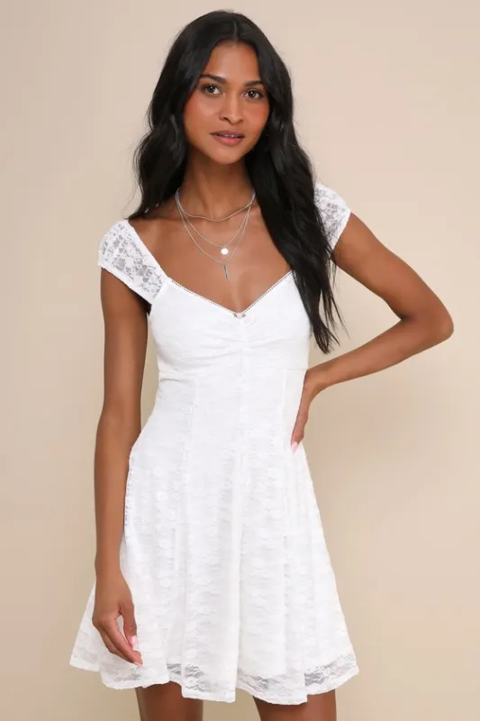 Sweetest Life White Floral Lace Rosette Cap Sleeve Mini Dress sold by Lulus