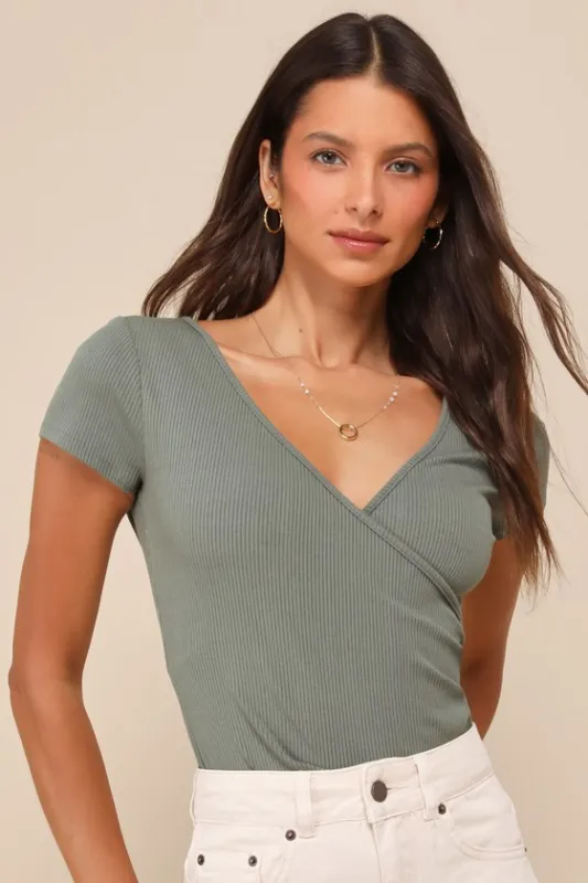 All Day Fave Sage Green Ribbed Surplice Short Sleeve Bodysuit sold by Lulus